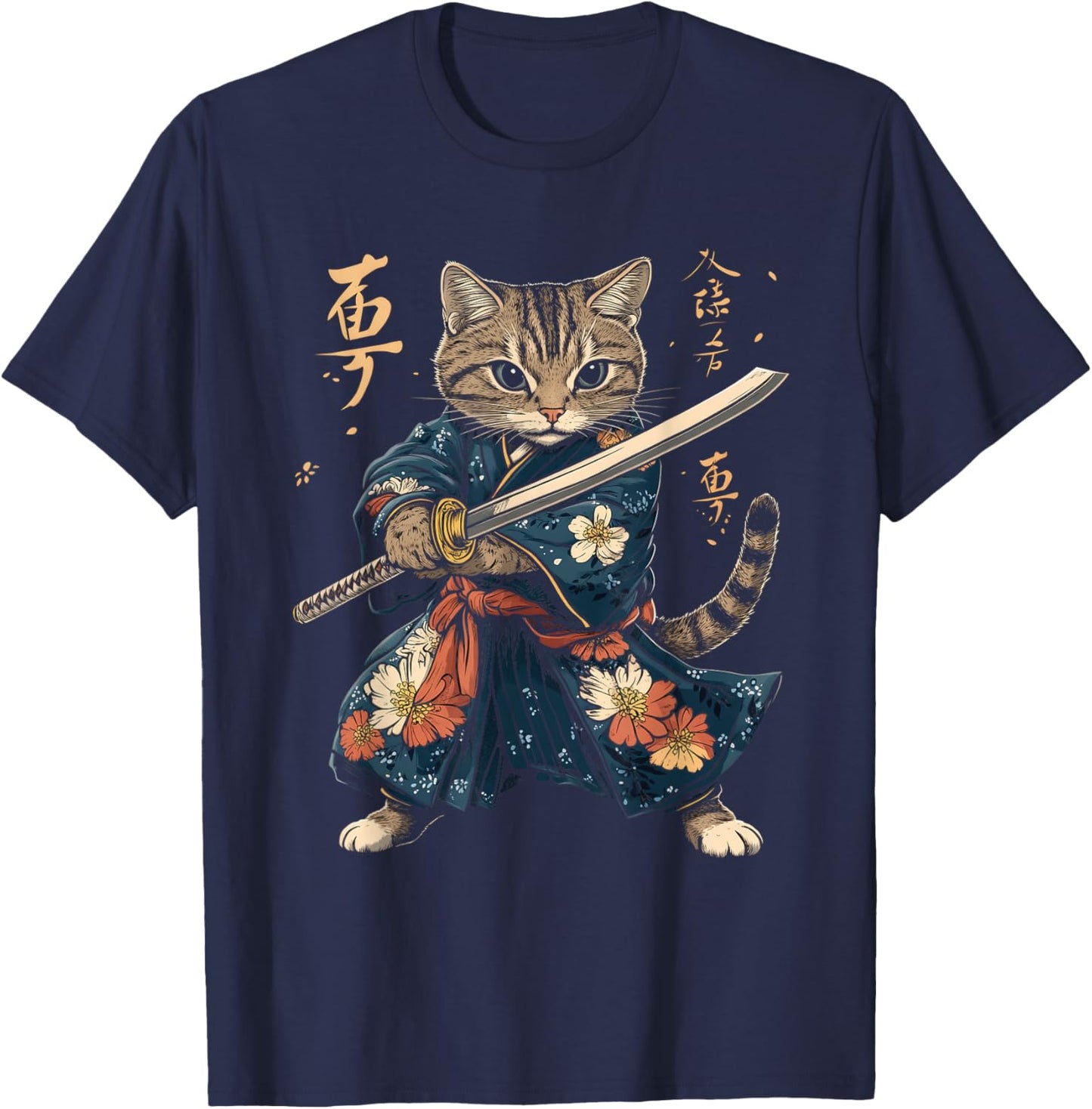 Cat Samurai Vintage Ukiyo-e Warrior Art Japanese Anime Manga T-Shirt - T-Shirt | Navy