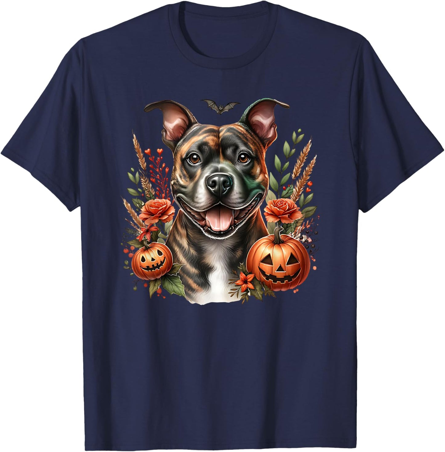 Brindle Pitbull Staffy Amstaff Dog Halloween Watercolor T-Shirt - T-Shirt | Navy