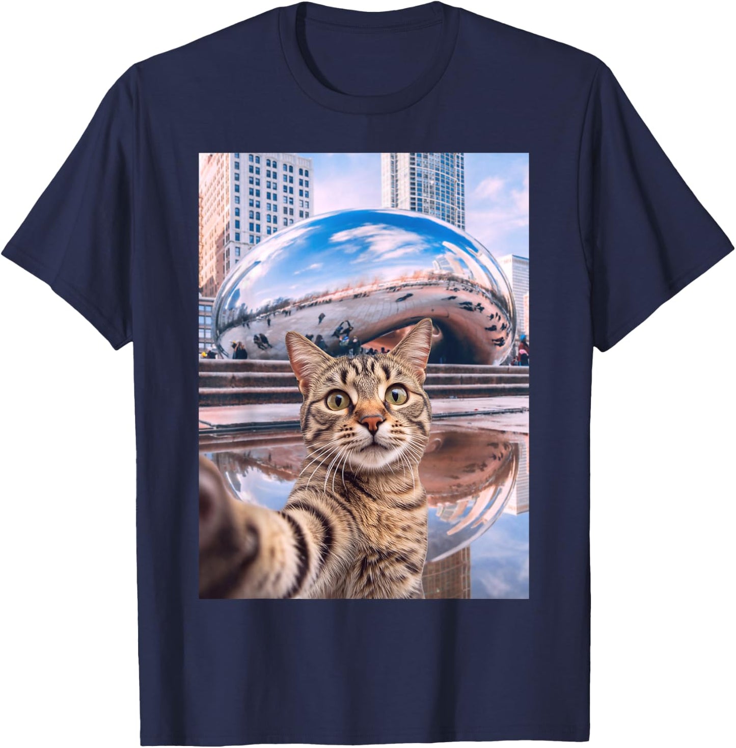 Funny Cat Selfie Chicago Bean Cloud Gate T-Shirt - T-Shirt | Navy