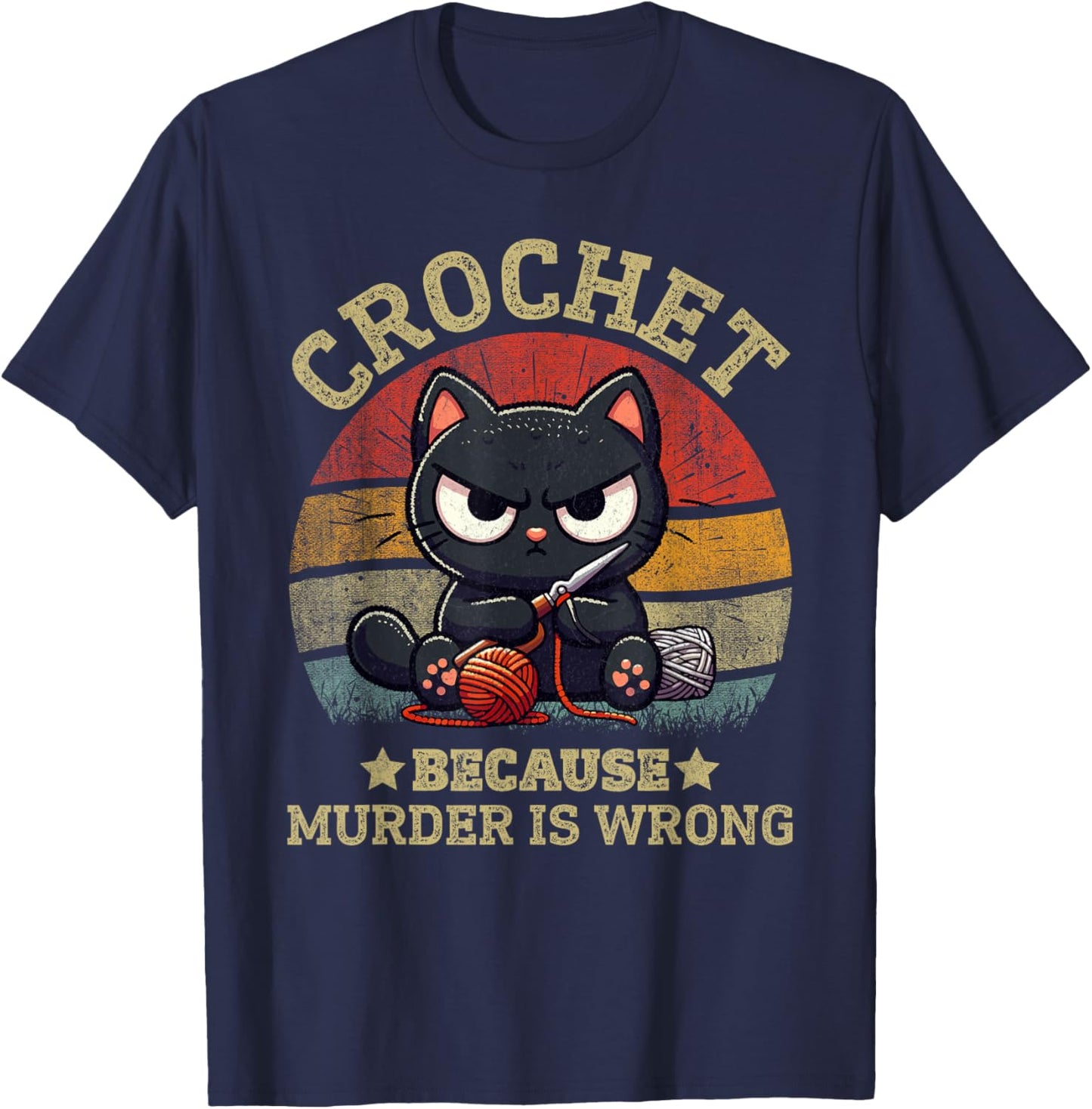 Funny Crochet Because Murder Is Wrong Crocheting Black Cat T-Shirt - T-Shirt | Navy
