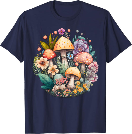 Cute Cottagecore Floral mushroom Aesthetic Girls Graphic T-Shirt - T-Shirt | Navy
