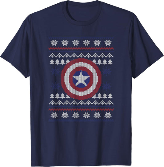 Marvel Christmas Captain America Shield Ugly Sweater T-Shirt - T-Shirt | Navy