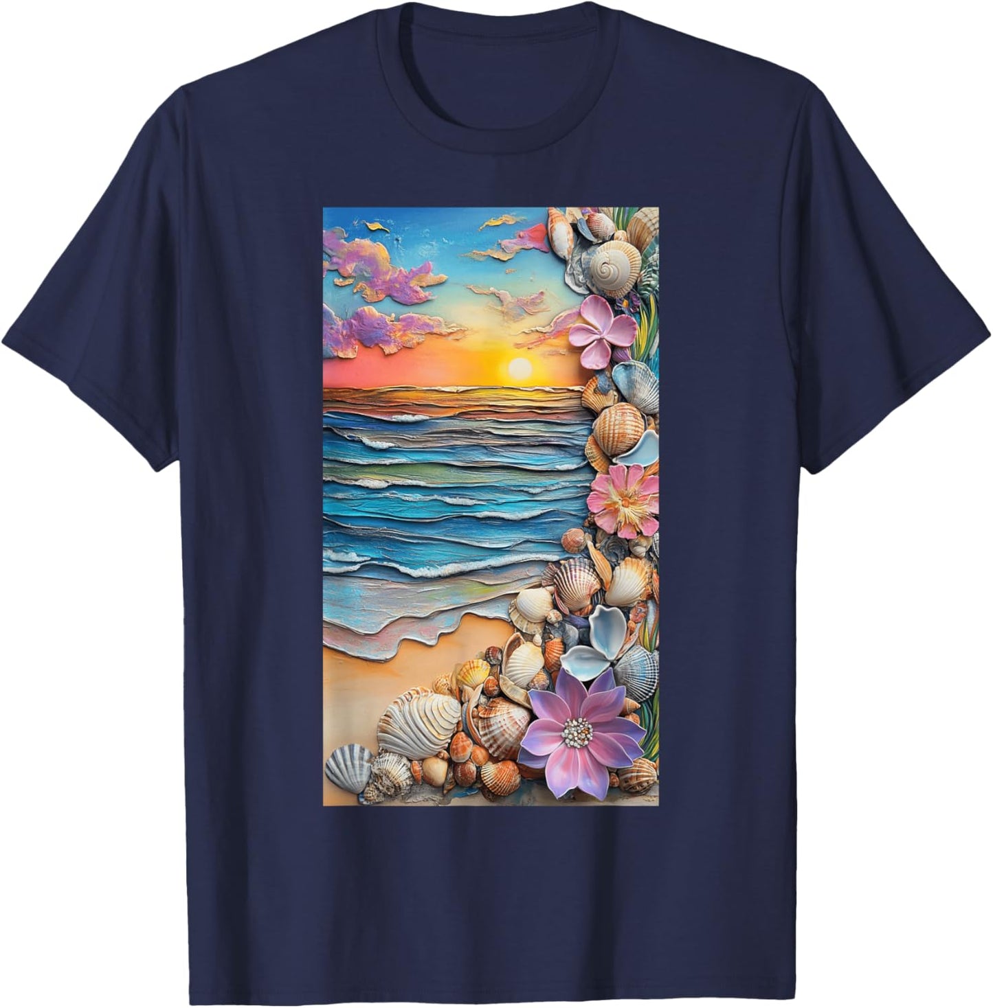 Sunset Beach Scene Seashells Ocean art T-Shirt - T-Shirt | Navy