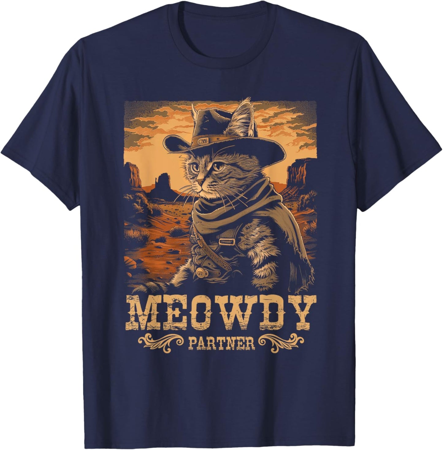 Meowdy Cute Kitten Funny Cat Cowboy Hat Country Love Animal T-Shirt - T-Shirt | Navy