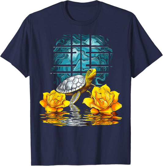 Turtle Flowers Animal Art Geometric Artwork Turtle T-Shirt - T-Shirt | Navy