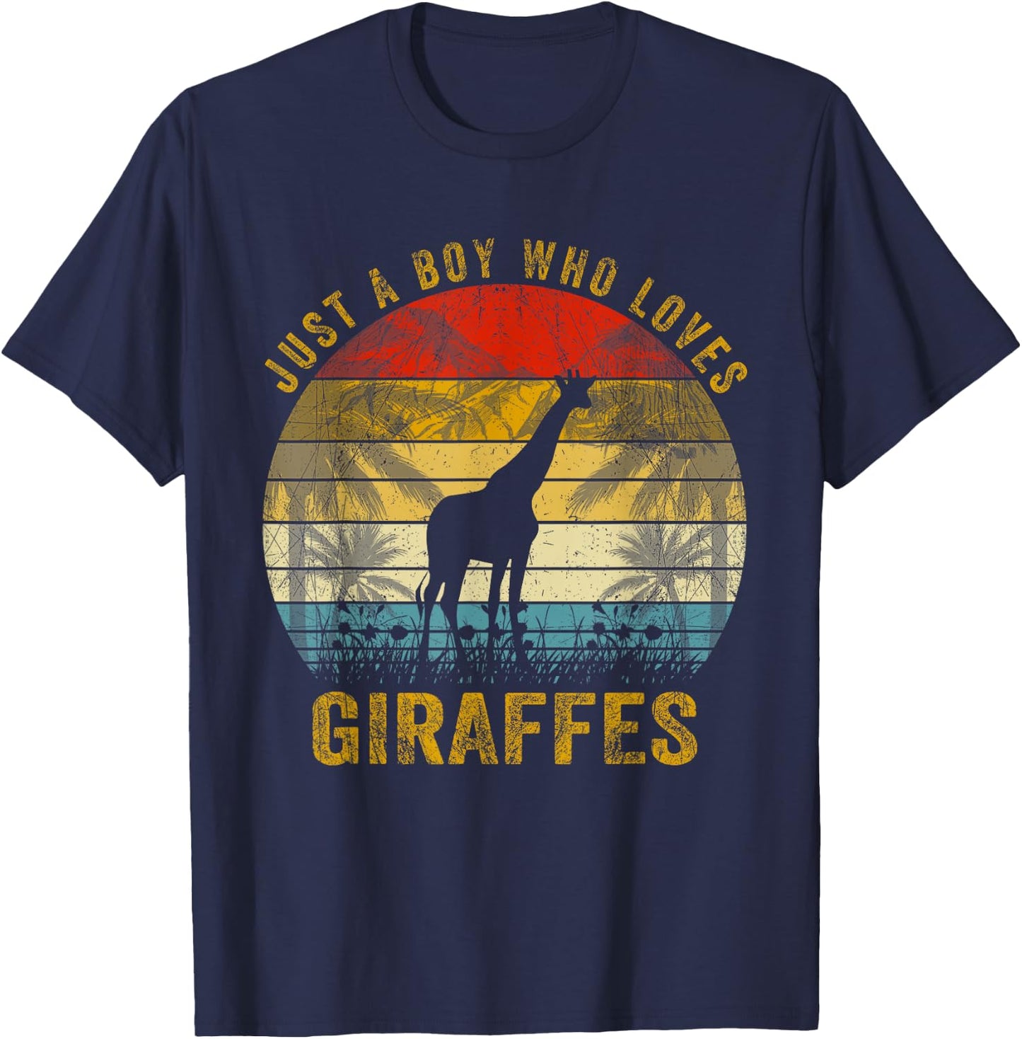 Vintage Just A Boy Who Loves Giraffe Lover Xmas Fathers Day T-Shirt - T-Shirt | Navy