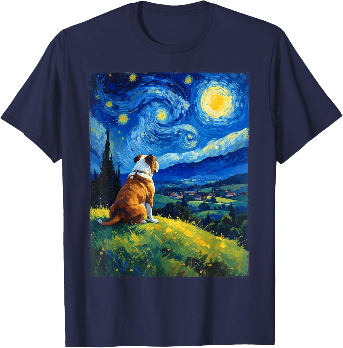 Bulldog Van Gogh Starry Night T-Shirt - T-Shirt | Navy