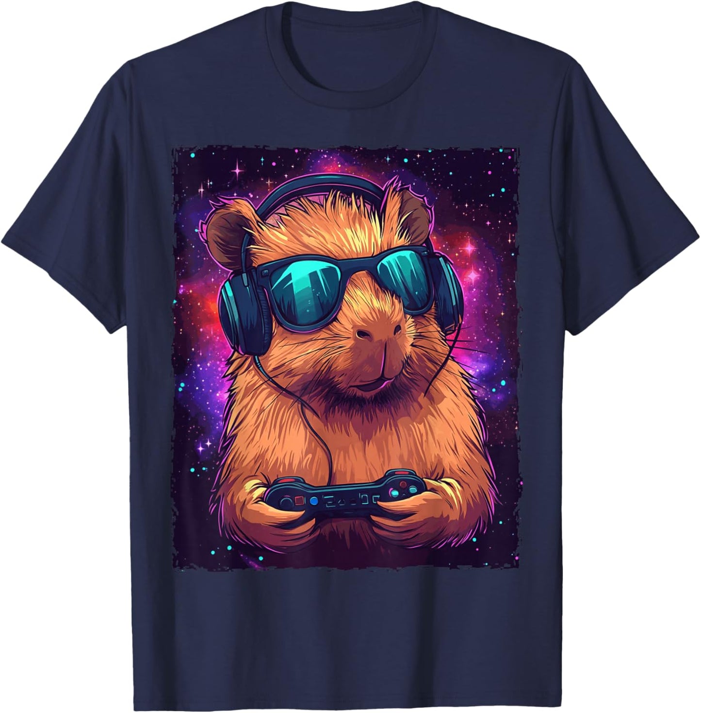Funny - Capybara Video Games - , Black, Small, Short Sleeve, , Modern, Cartoon, Fun, All Seasons T-Shirt - T-Shirt | Navy