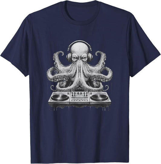 Octopus DJ Partying Kraken Tentacles Rave Festival Party T-Shirt - T-Shirt | Navy