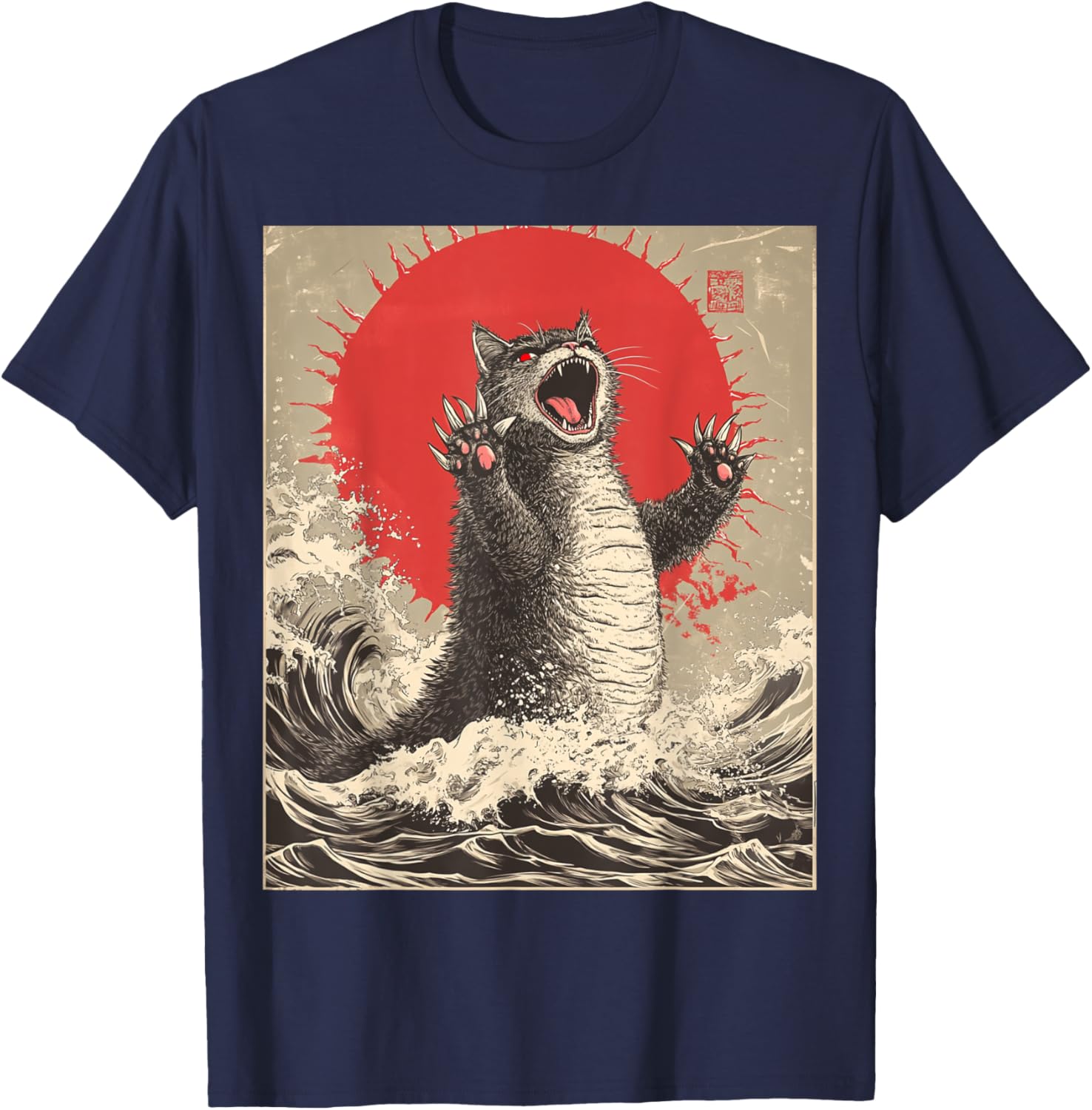 Funny Cat Lover Graphic Art Cute Catzilla Cat Japanese Art Funny Cat T-Shirt - T-Shirt | Navy