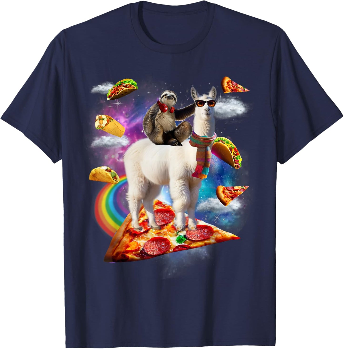 Sloth Riding Llama Shirt - Galaxy Pizza Taco Burrito Gift T-Shirt - T-Shirt | Navy