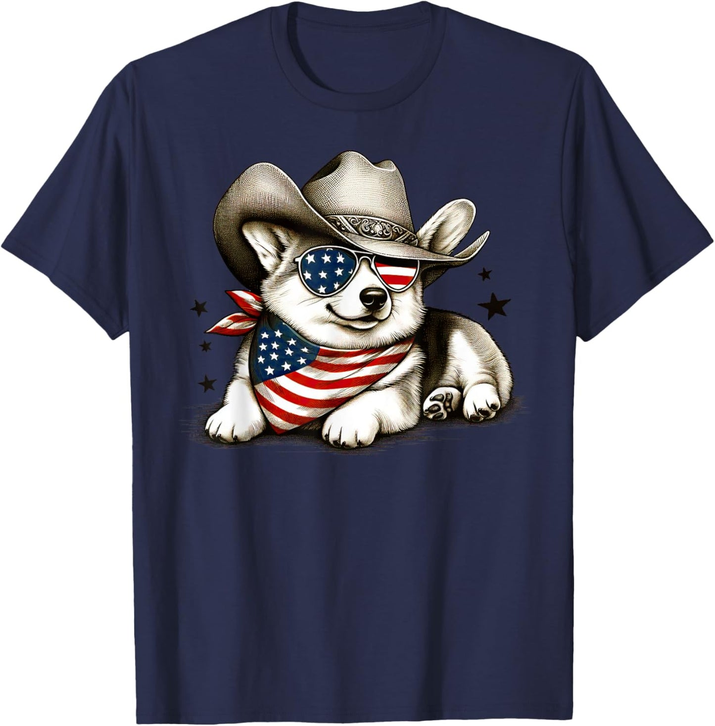 Corgi Cowboy Hat 4th of July American Flag USA Patriotic Dog T-Shirt - T-Shirt | Navy