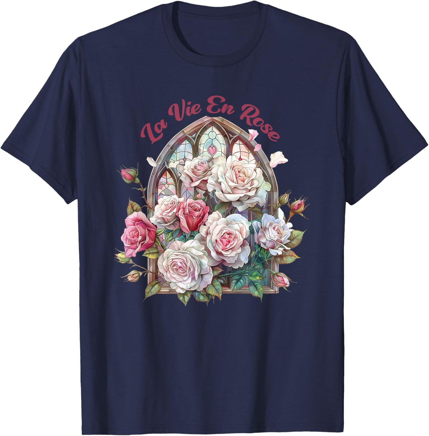 La Vie En Rose, Roses & Stained glass window, Vintage Rose T-Shirt - T-Shirt | Navy