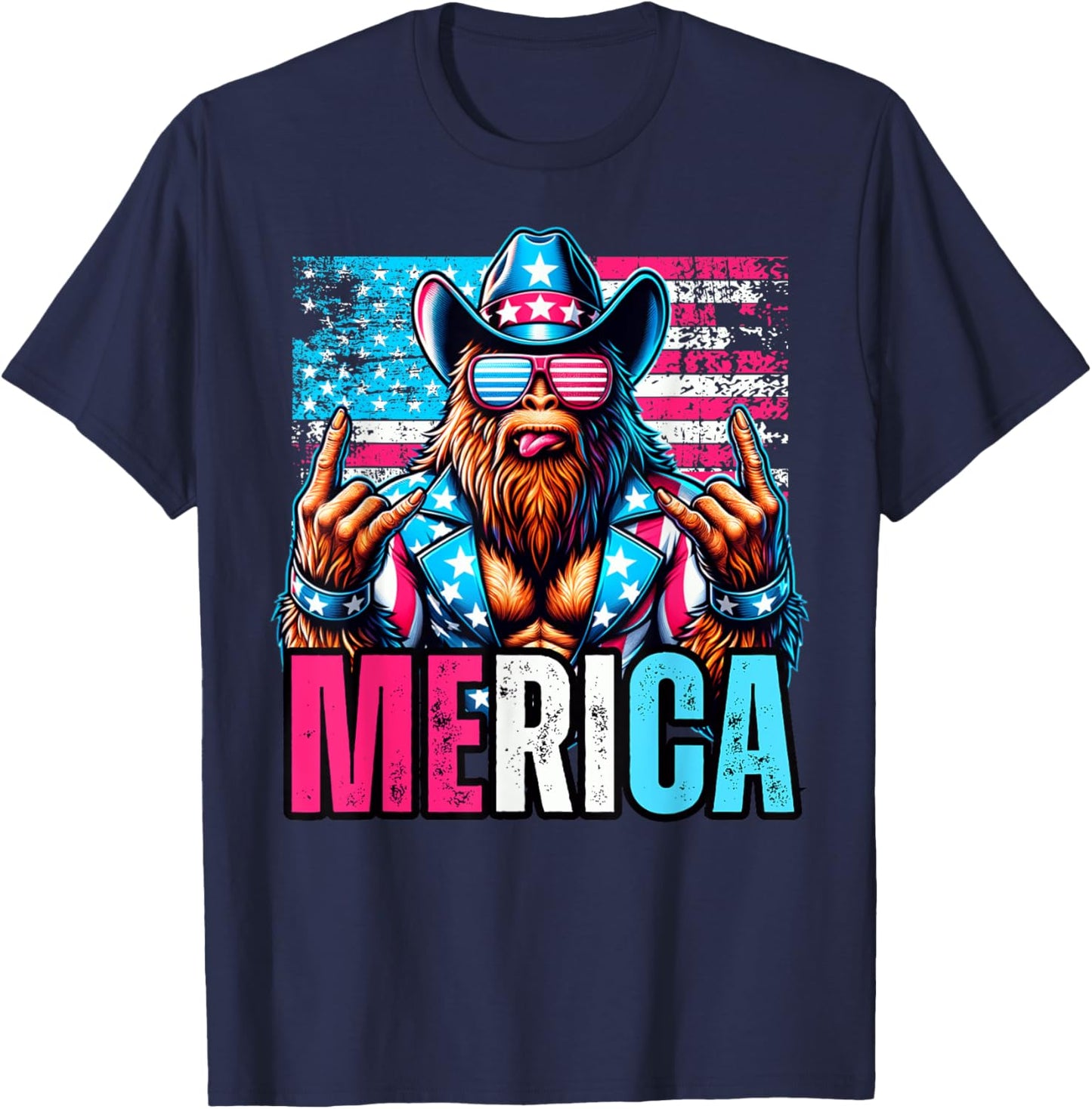Sasquatch Merica 4th Of July American Flag Cowboy Rocker T-Shirt - T-Shirt | Navy
