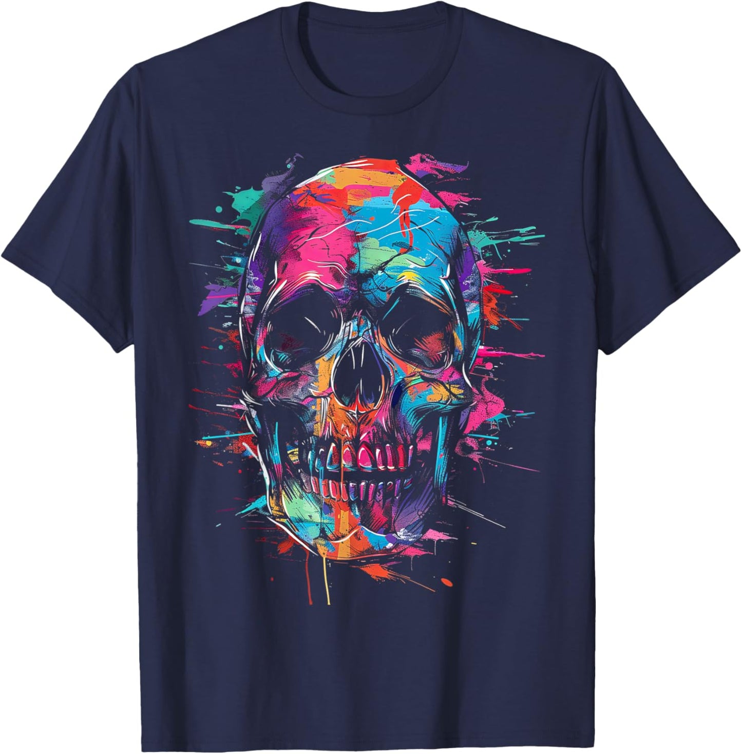 Colorful Skull Abstract Paint Splatter T-Shirt - T-Shirt | Navy