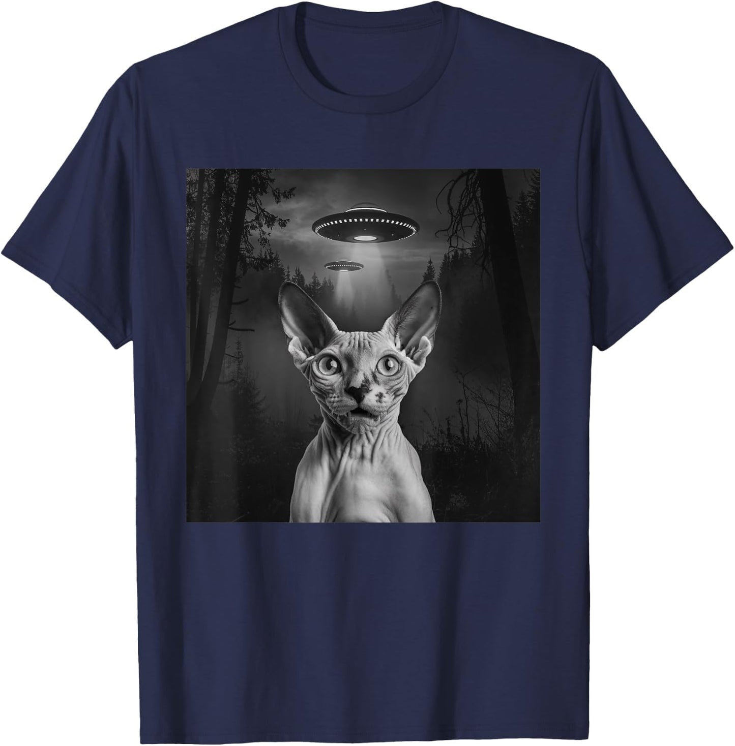 Sphynx Cat Selfie With Alien UFO Funny Cat Outfit T-Shirt - T-Shirt | Navy