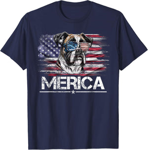 Vintage Boxer Dog, Merica Boxer Dog USA Flag Funny Women Kids Men T-Shirt - T-Shirt | Navy