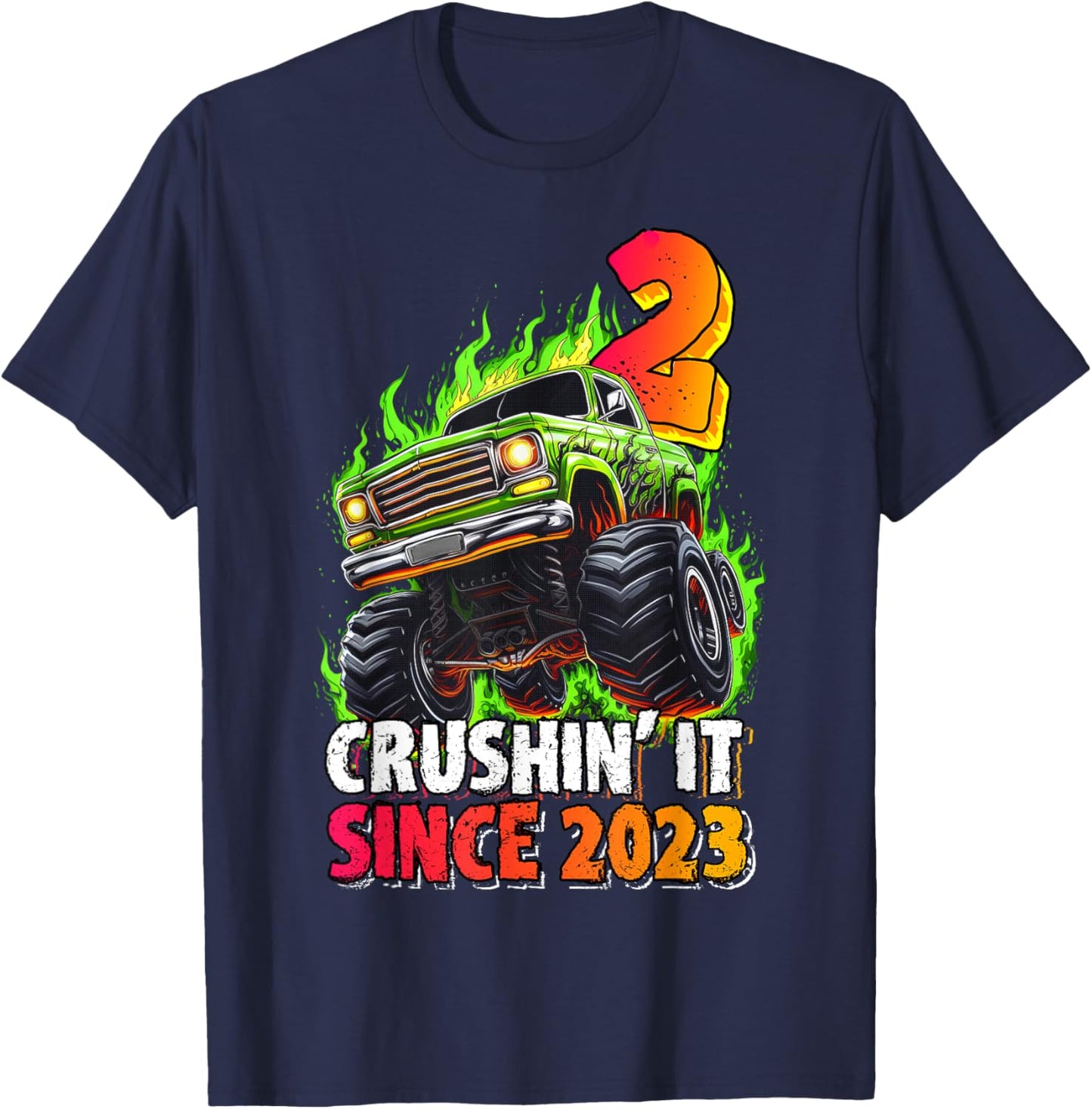 Birthday Monster Truck 2 Year Old Boys 2nd Party Born 2023 T-Shirt - T-Shirt | Navy