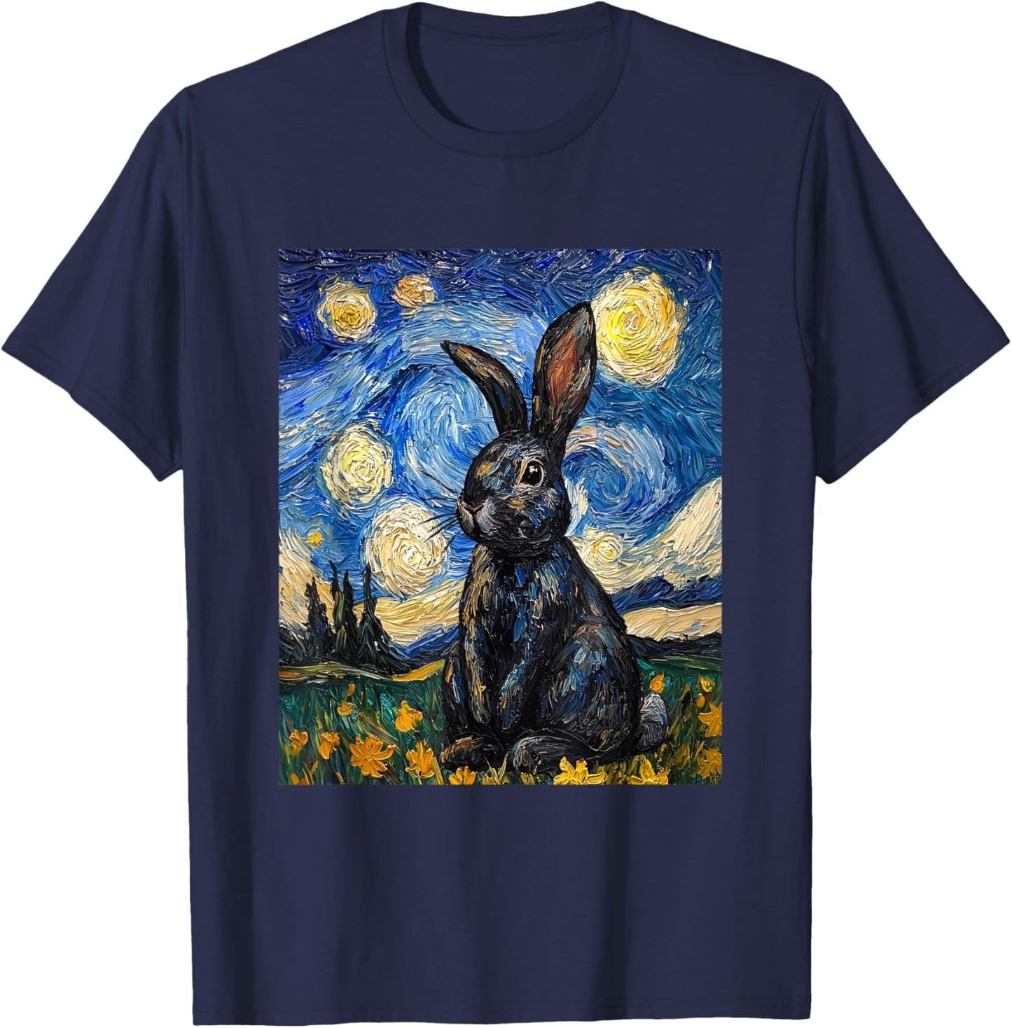 Cute Bunny Rabbit Van Gogh Style Starry Night Funny Graphic T-Shirt - T-Shirt | Navy