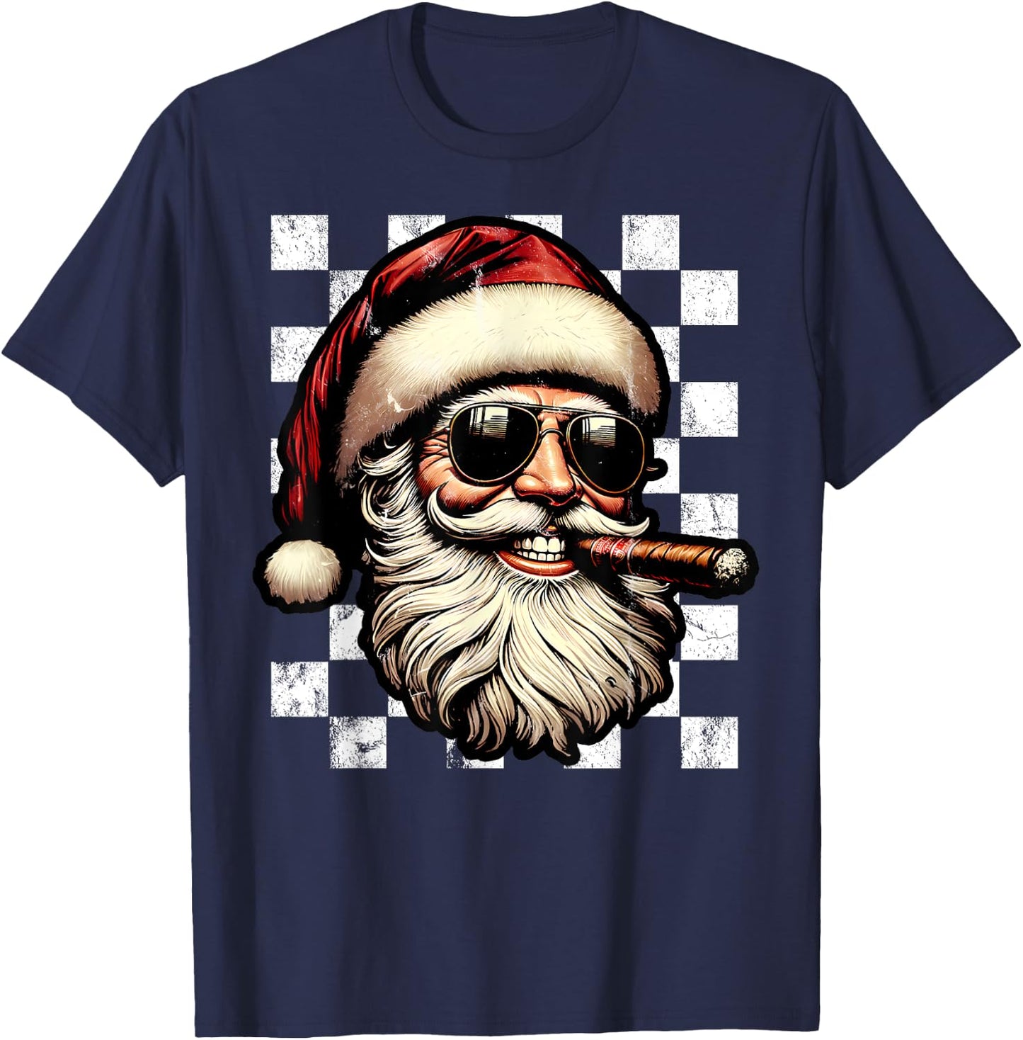 Santa Claus Is Smoking Cigar With Sunglass Smoker Christmas T-Shirt - T-Shirt | Navy