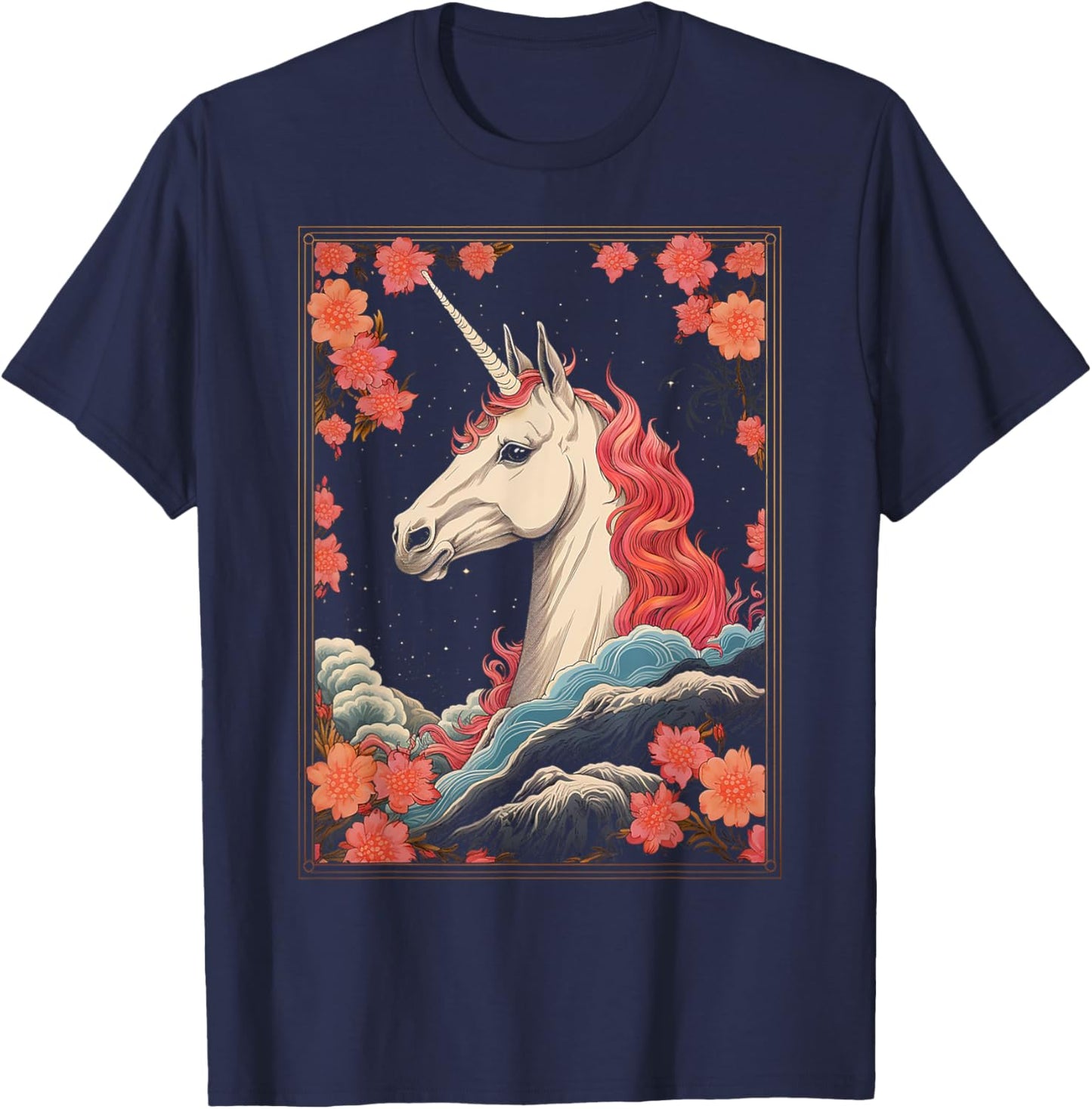 Unicorn Flowers Animal Nature Motif Unicorn T-Shirt - T-Shirt | Navy