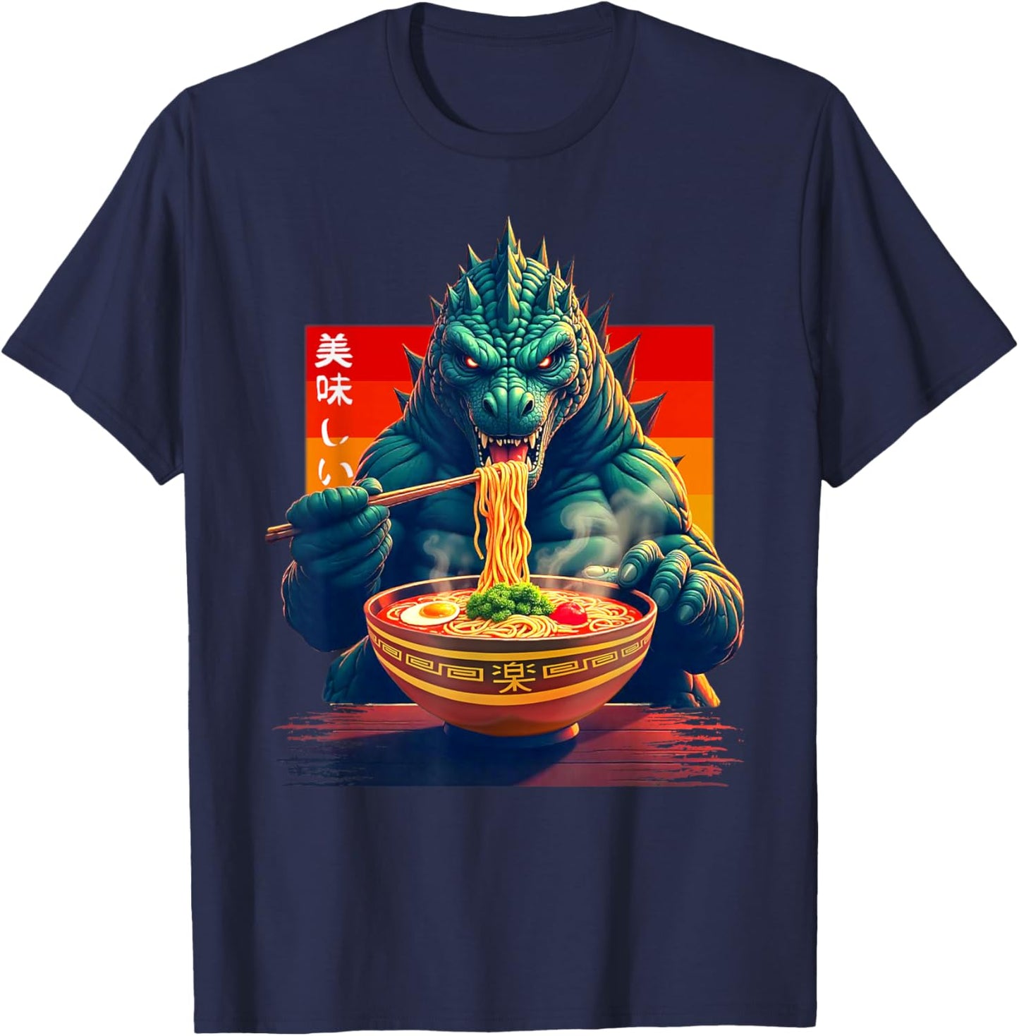 Funny Kaiju Eating Ramen Japanese Monster Lover Birthday T-Shirt - T-Shirt | Navy
