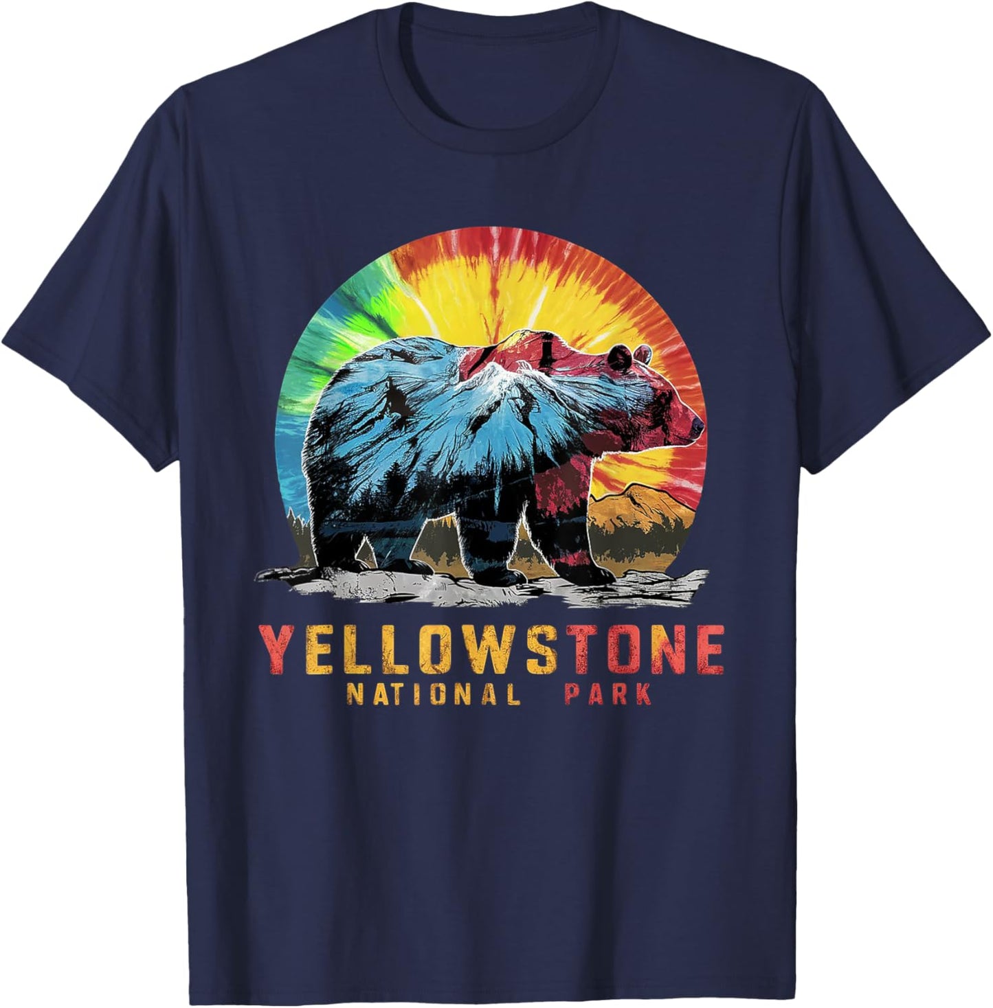 Vintage Yellowstone National Park Retro Mountains Tie Dye T-Shirt - T-Shirt | Navy