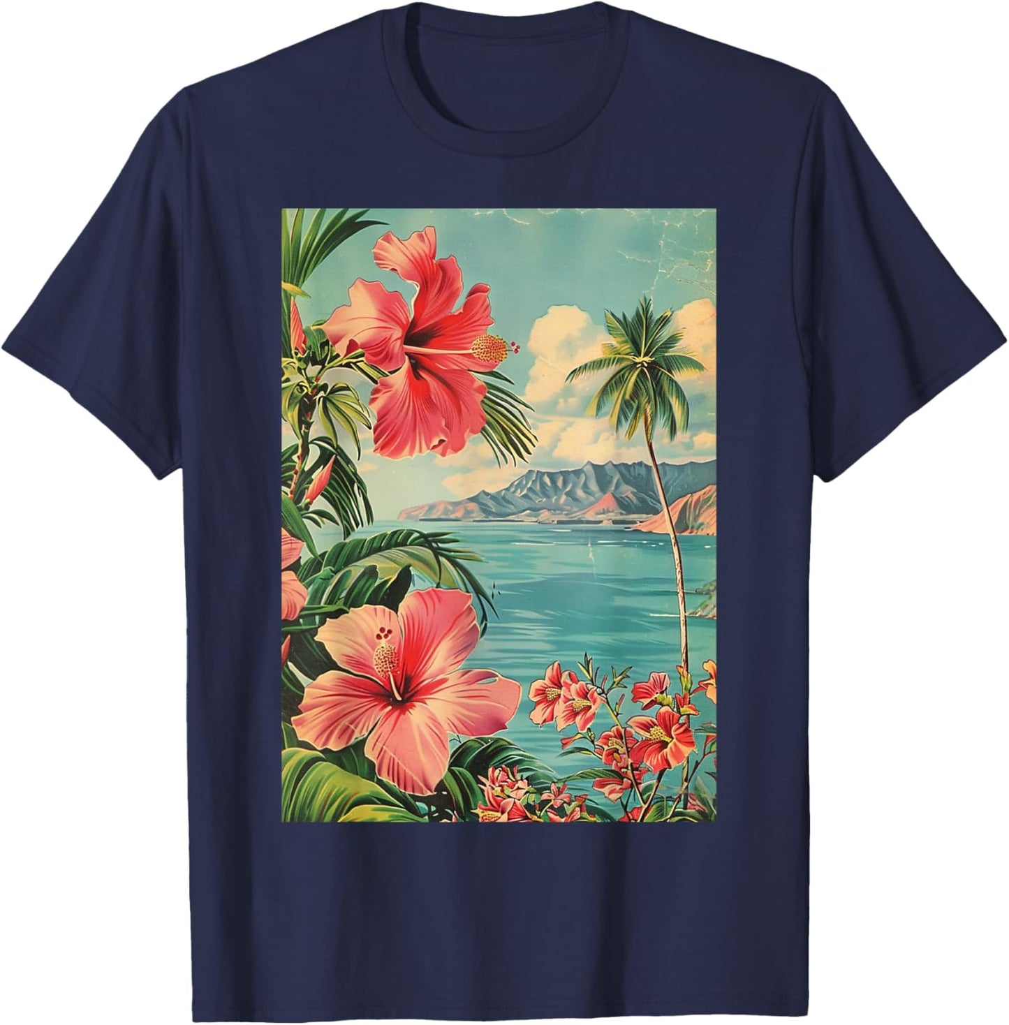 Vintage Hawaiian Beach Aesthetic Art T-Shirt - T-Shirt | Navy