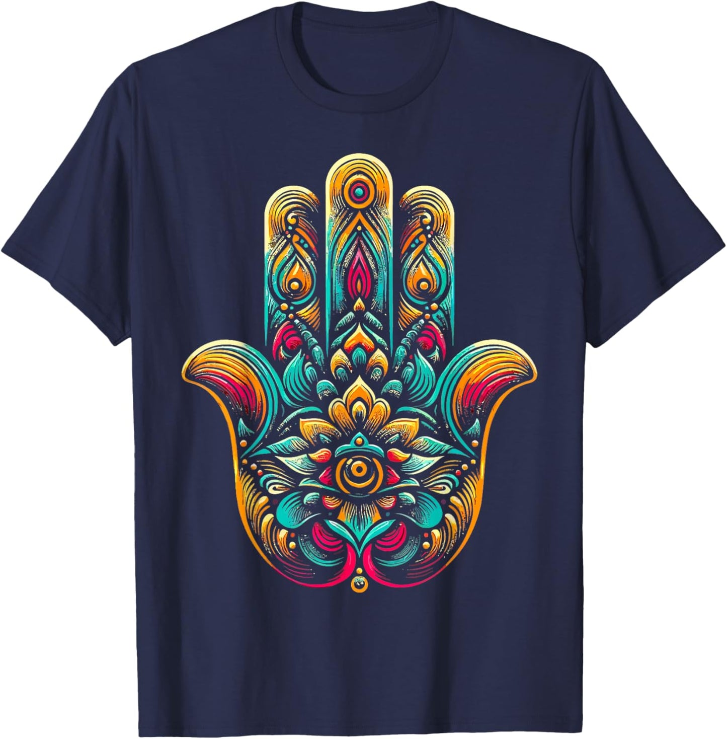 Hamsa Hand Mandala Yoga Fatima Hand Symbol Boho T-Shirt - T-Shirt | Navy