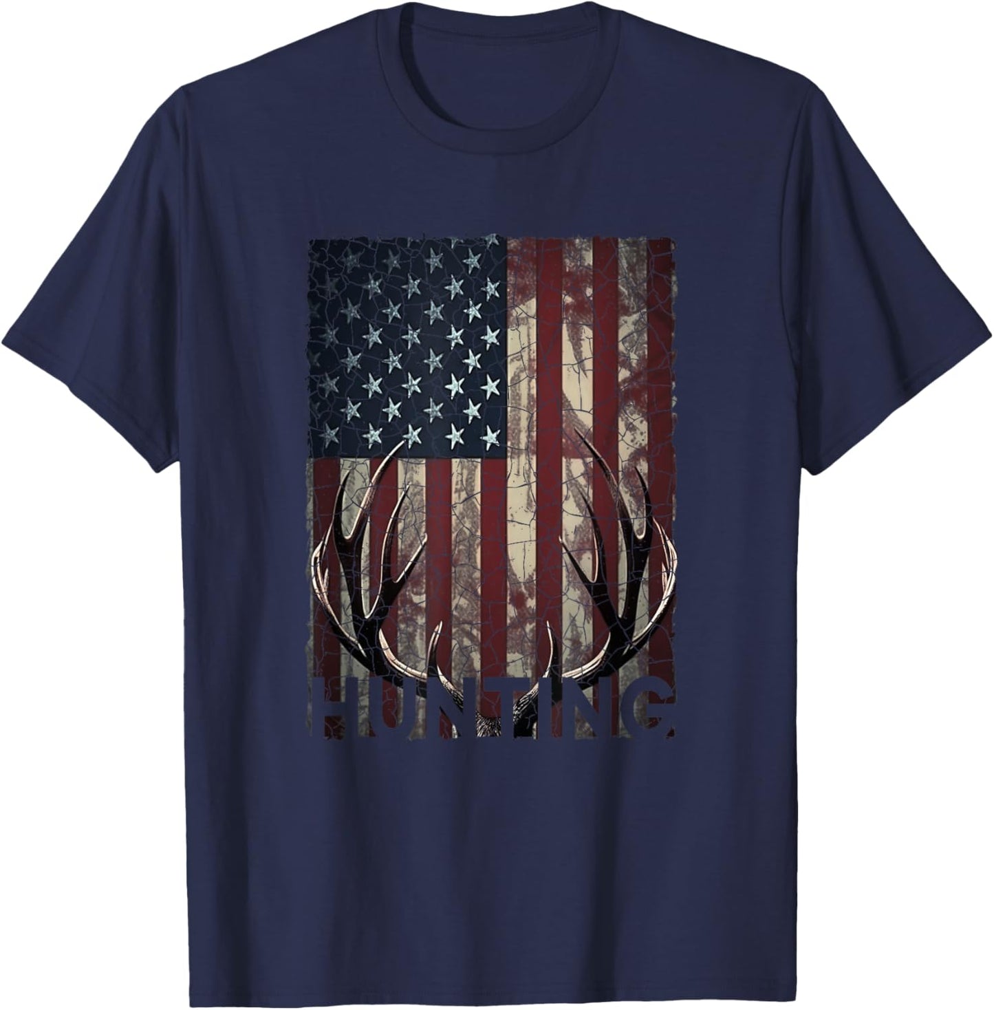 Hunting Deer American Flag Wild Outdoor Hunter T-Shirt - T-Shirt | Navy