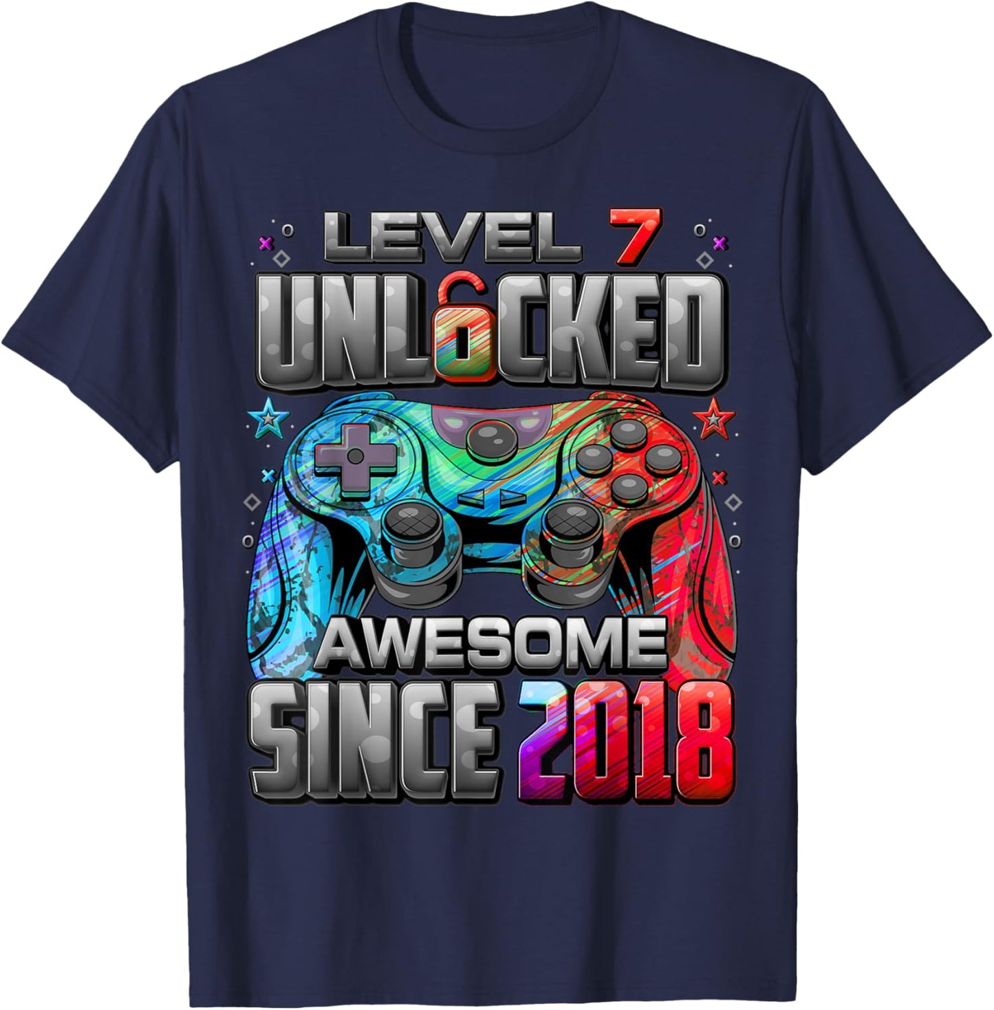 Level 7 Unlocked Awesome Since 2018 7th Birthday Gaming T-Shirt - T-Shirt | Navy