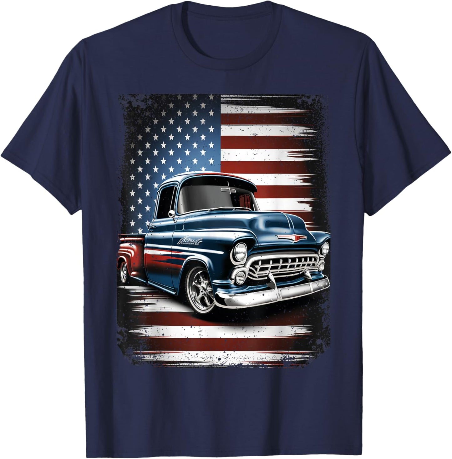 Classic Old Pickup Truck American Flag 4th of July Patriotic T-Shirt - T-Shirt | Navy