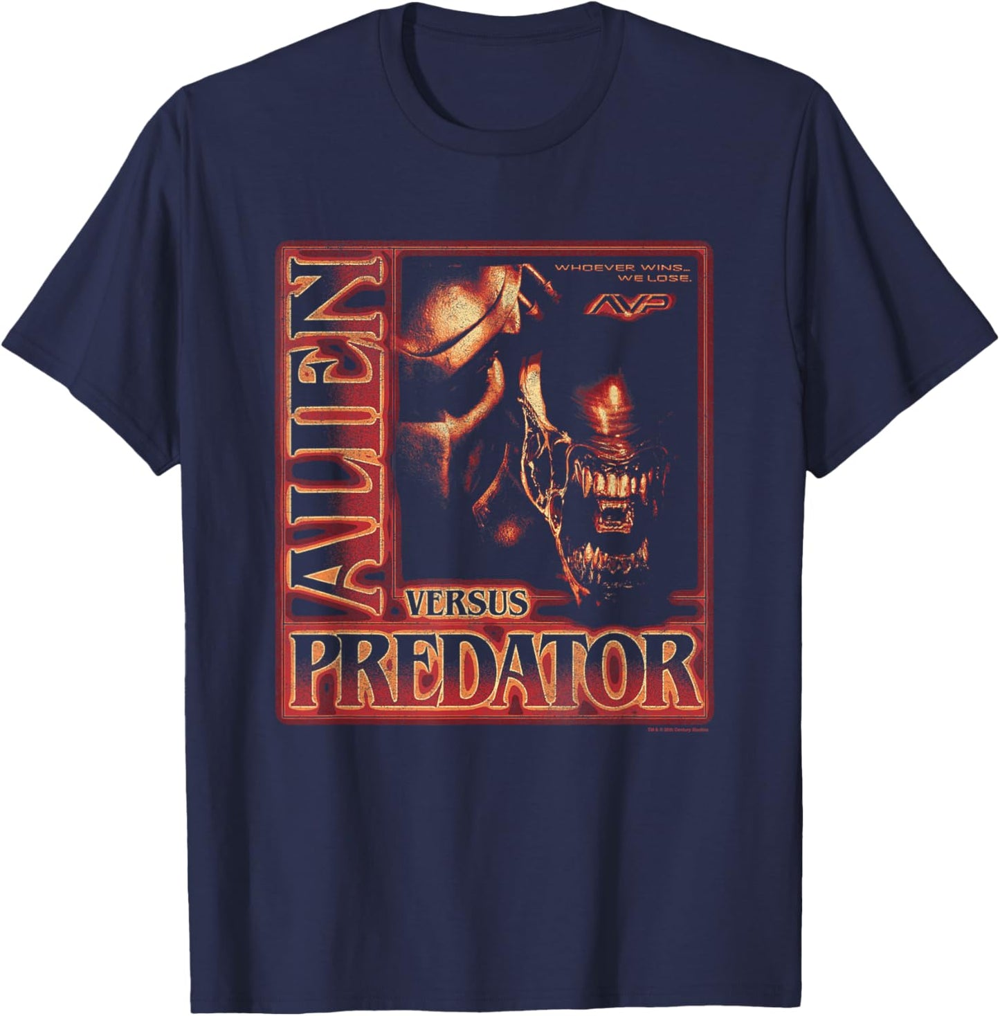Alien Vs Predator Whoever Wins We Lose Vintage Chest Poster T-Shirt - T-Shirt | Navy