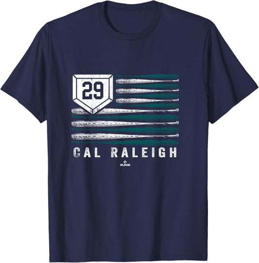 Vintage US Flag Baseball Stripes Cal Raleigh Seattle MLBPA T-Shirt - T-Shirt | Navy