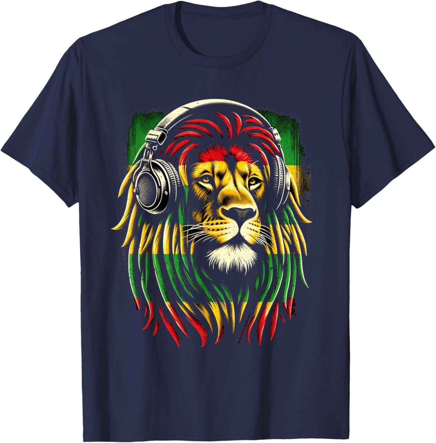 Reggae Lion Roar: Rasta with Headphones Vibe T-Shirt - T-Shirt | Navy