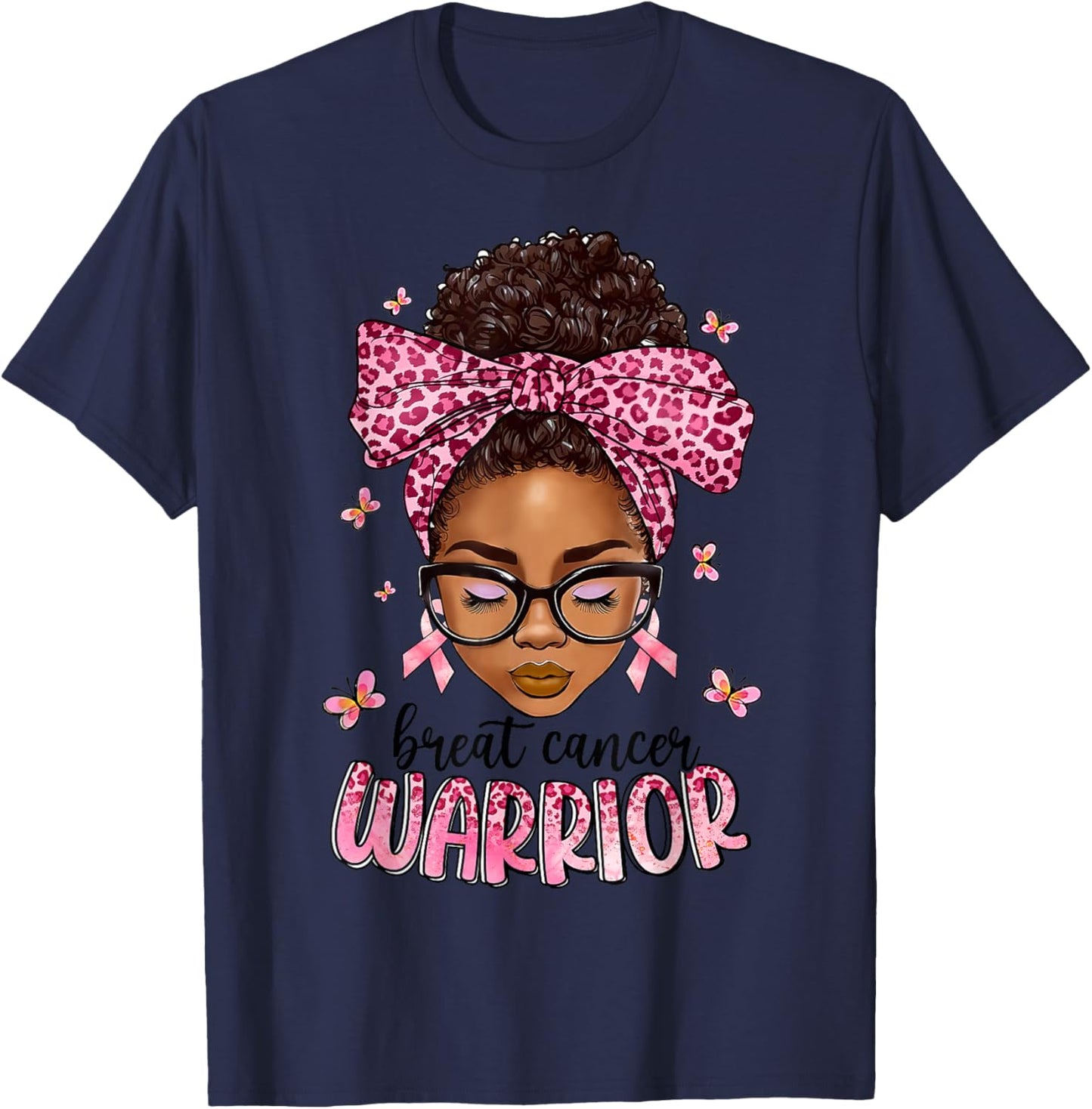 Breast Cancer Awareness Warrior Messy Bun Hair Black Woman T-Shirt - T-Shirt | Navy