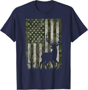 US Flag Deer Elk Buck Camoflage Hunting Hunter Dad Grandpa T-Shirt - T-Shirt | Navy