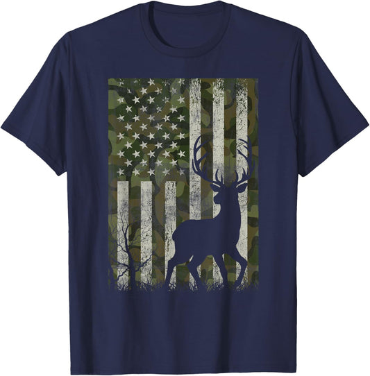 US Flag Deer Elk Buck Camoflage Hunting Hunter Dad Grandpa T-Shirt - T-Shirt | Navy