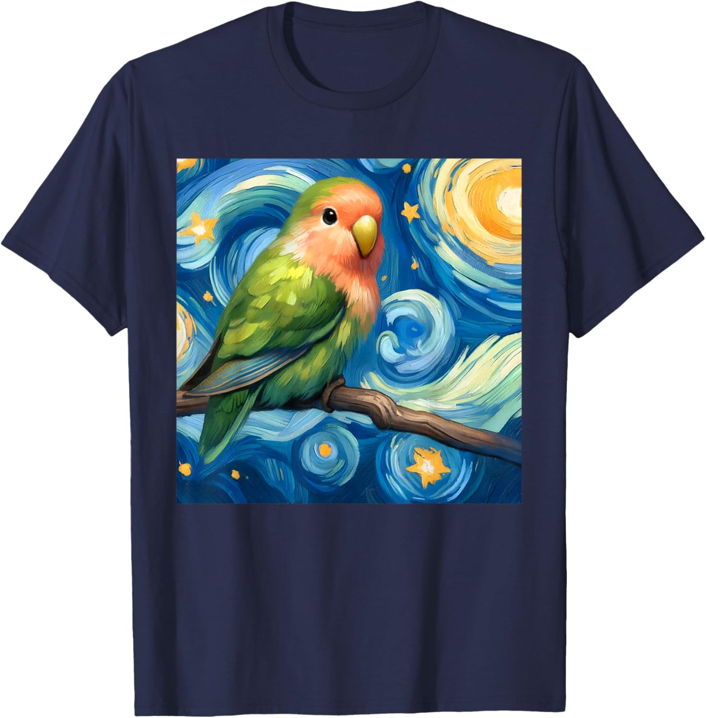 Rosy-faced Green Lovebird Parrot Starry Night Sky Van Gogh T-Shirt - T-Shirt | Navy