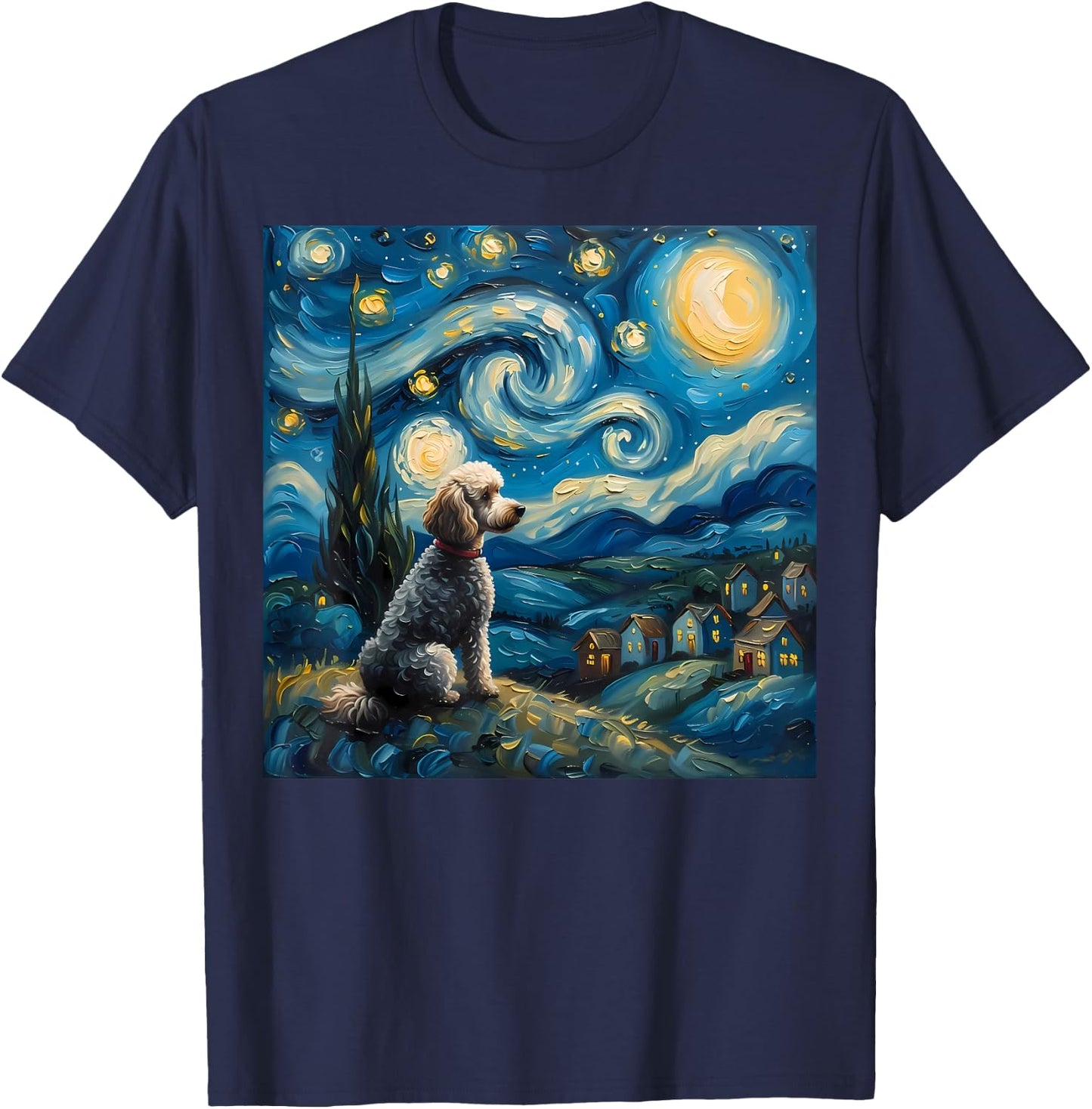 Poodle Dog Lovers The Starry Night Van Gogh Style Painting T-Shirt - T-Shirt | Navy