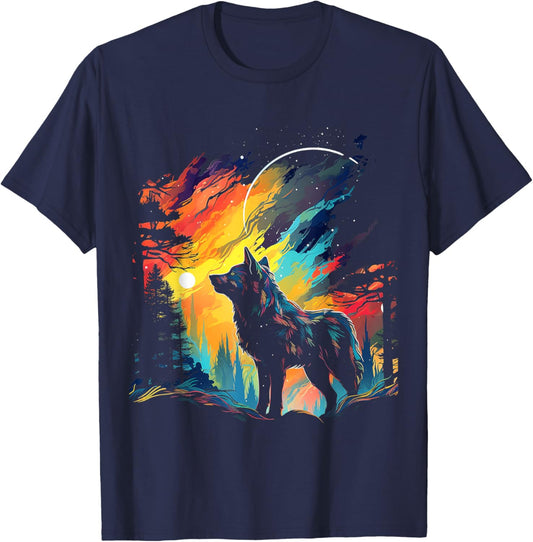 Wolf Nature Art Animal Colorful Abstract Graphic Wolf T-Shirt - T-Shirt | Navy
