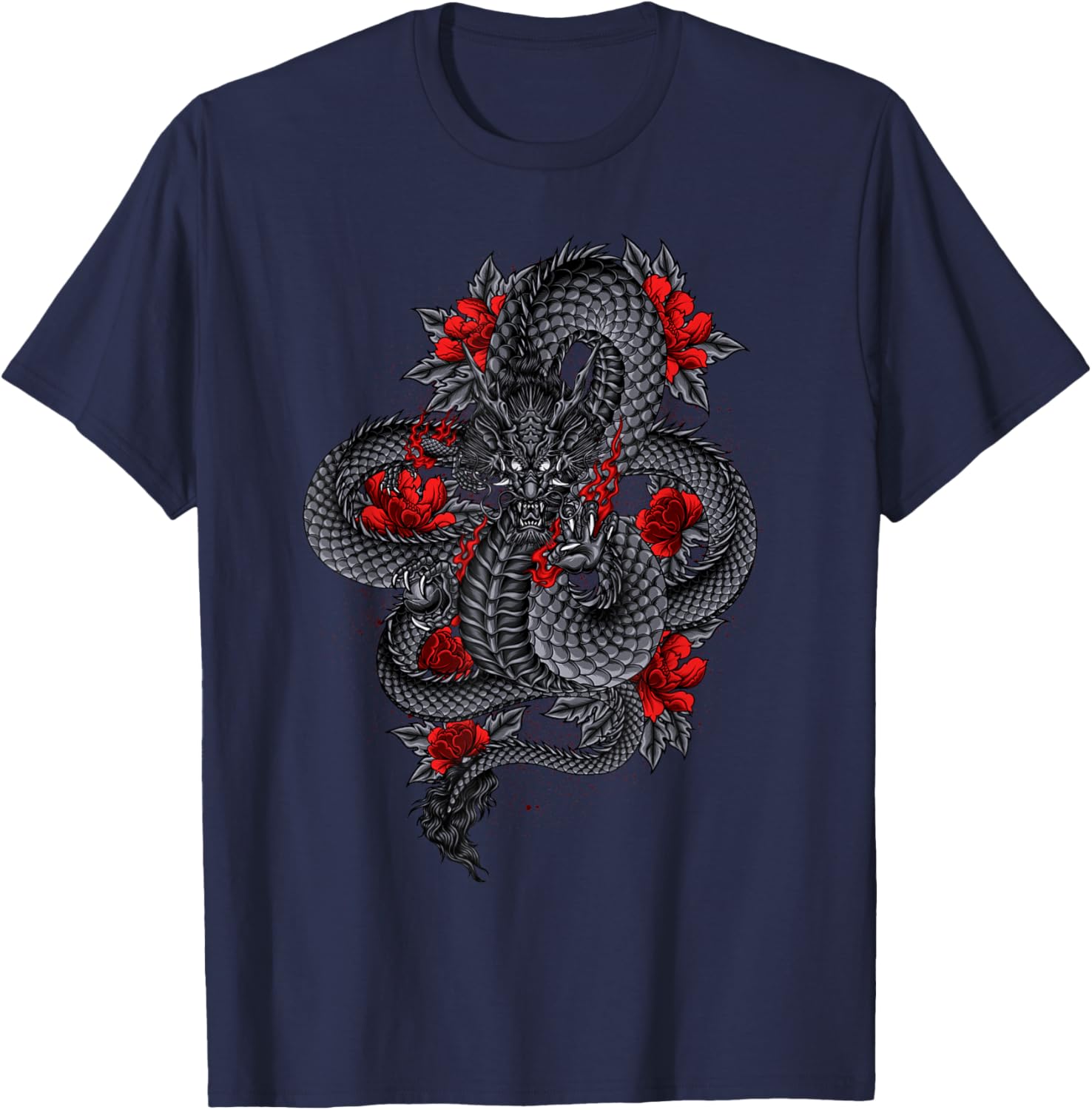 Black Dragon With Red Flowers T-Shirt - T-Shirt | Navy