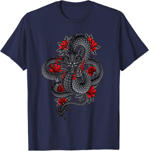 Black Dragon With Red Flowers T-Shirt - T-Shirt | Navy