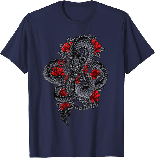 Black Dragon With Red Flowers T-Shirt - T-Shirt | Navy