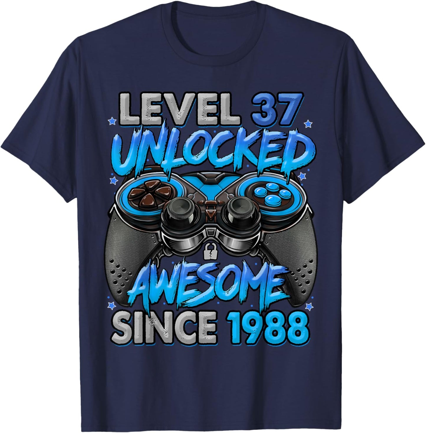 Level 37 Unlocked Awesome Since 1988 37th Birthday Gaming T-Shirt - T-Shirt | Navy