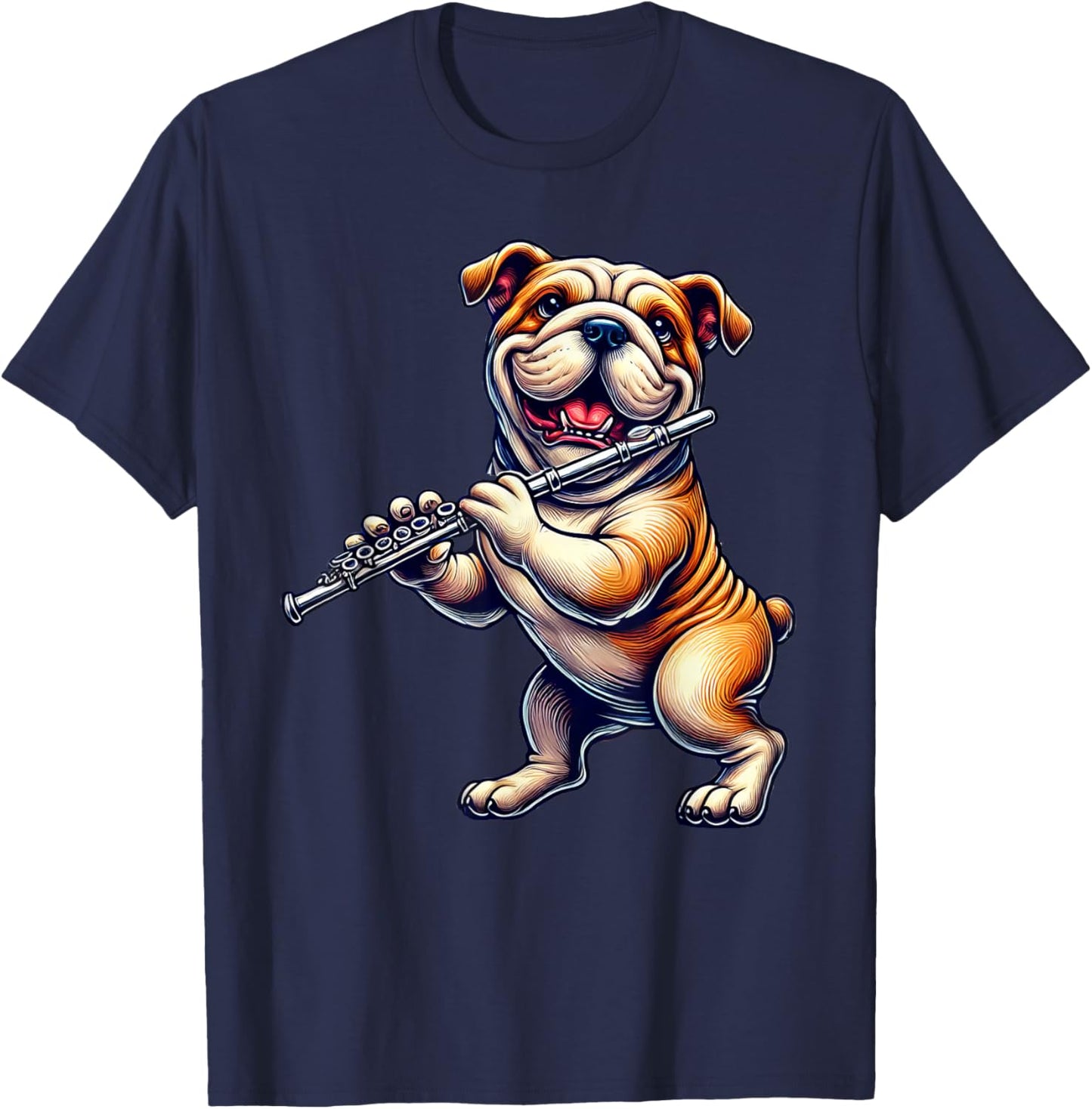Cute English Bulldog Dog Playing Flute Musician Music T-Shirt - T-Shirt | Navy