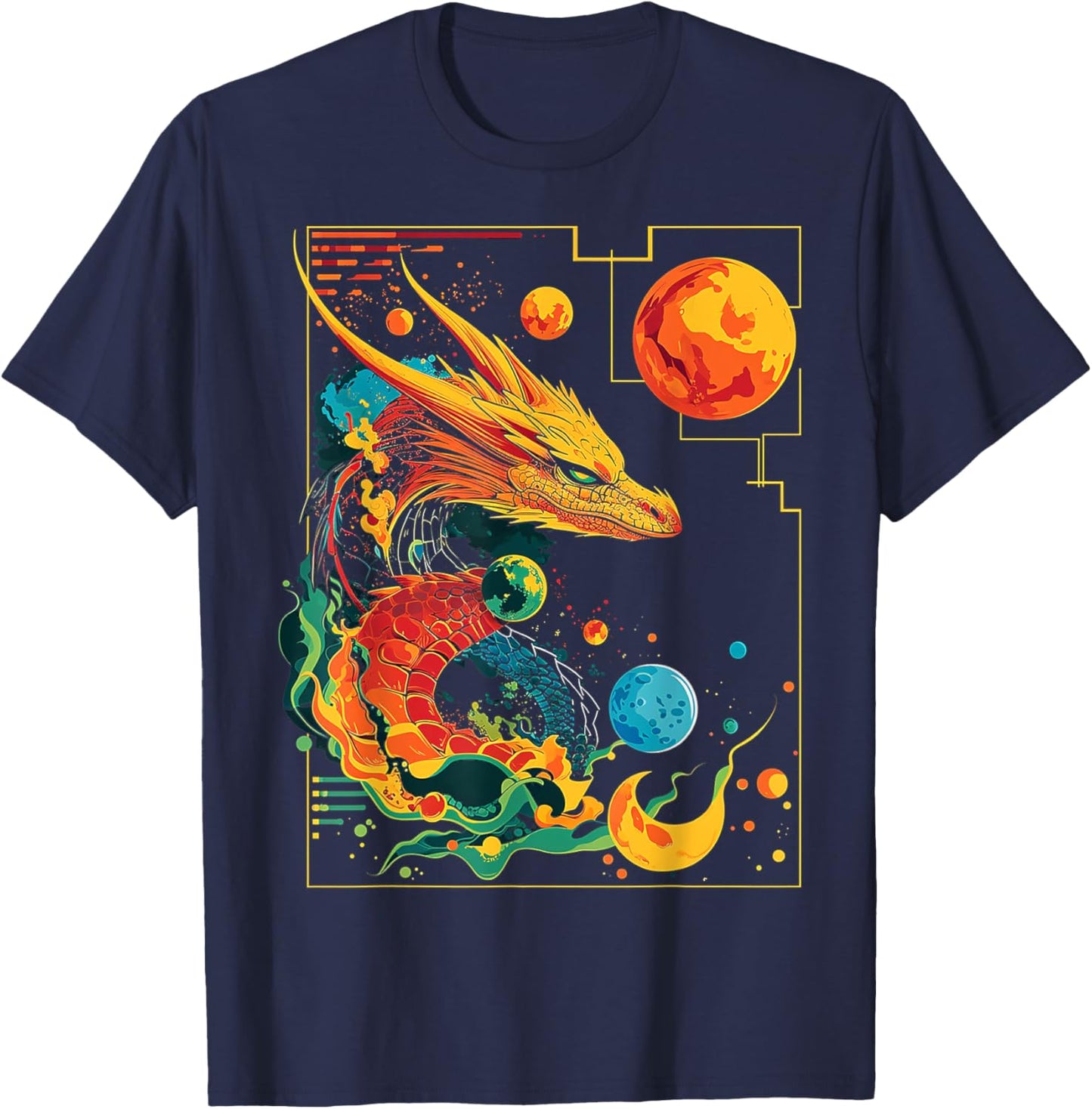 Dragon Planets Abstract Painting Geometric Animal Art T-Shirt - T-Shirt | Navy