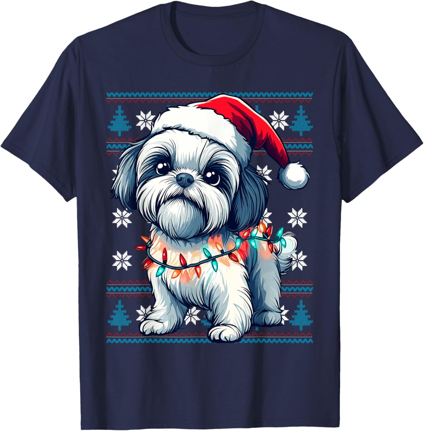 Shih Tzu Santa Xmas Tree Lights Shih Tzu Ugly Christmas T-Shirt - T-Shirt | Navy