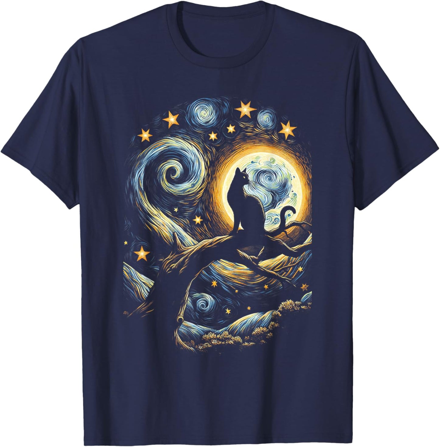 Cat Starry Night, Cat Van Gogh, Cat Art, Kids Funny Cat T-Shirt - T-Shirt | Navy