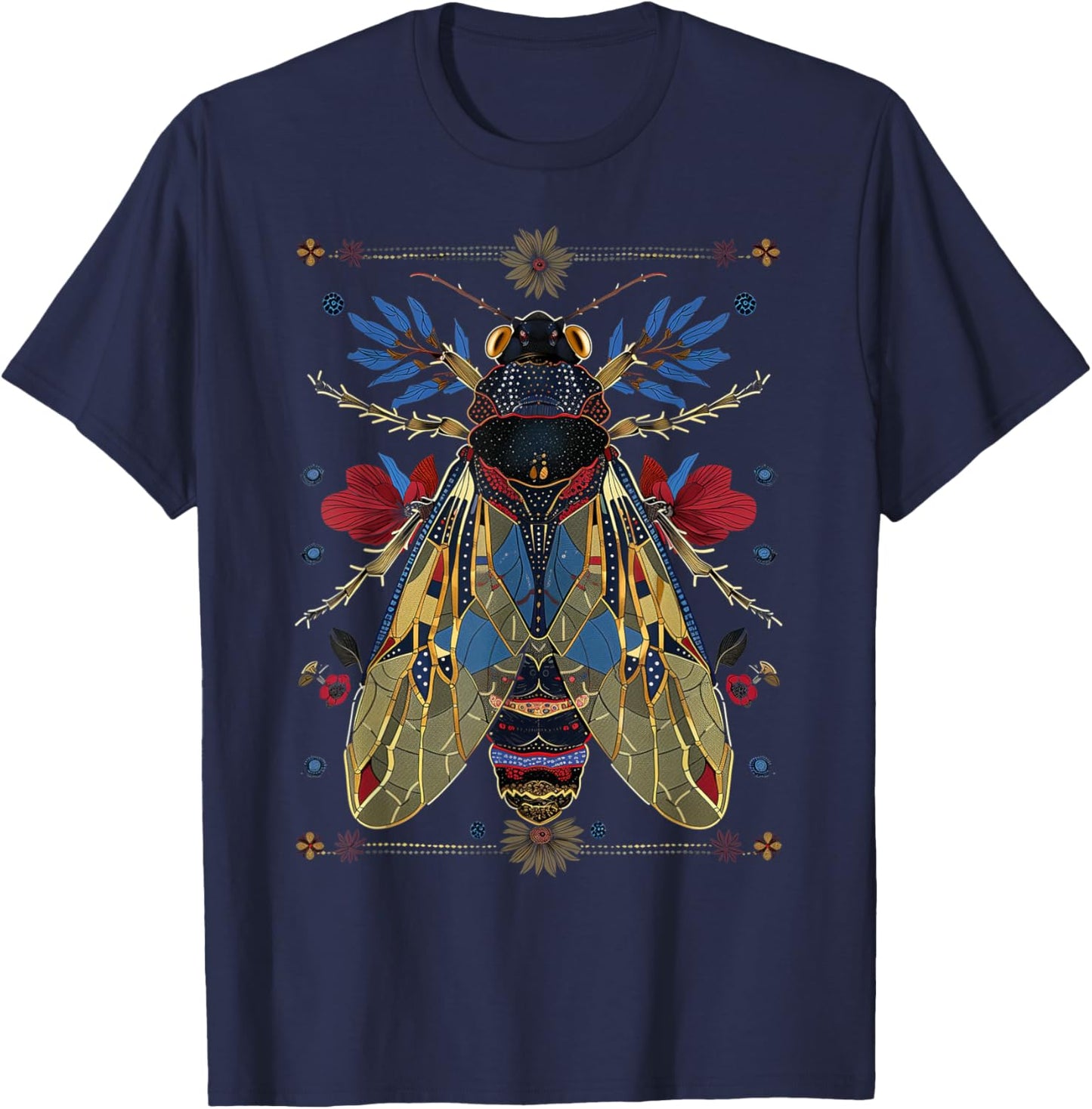 Cicadas Flowers Insects Beetle Vintage Tattoo Entomology T-Shirt - T-Shirt | Navy